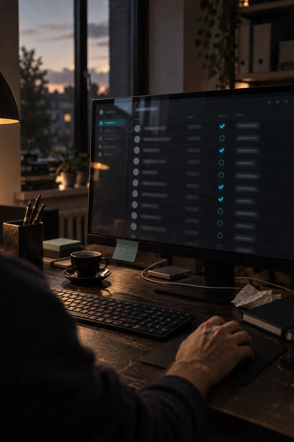 Monitor con un elenco di contatti, una mano sulla tastiera