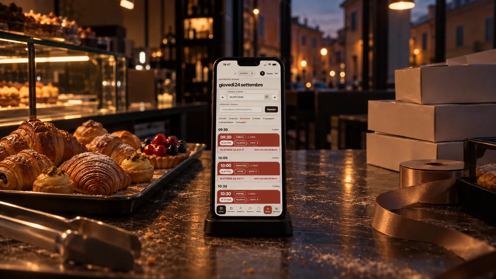 Gestionale ordini sul telefono, sul banco di una pasticceria